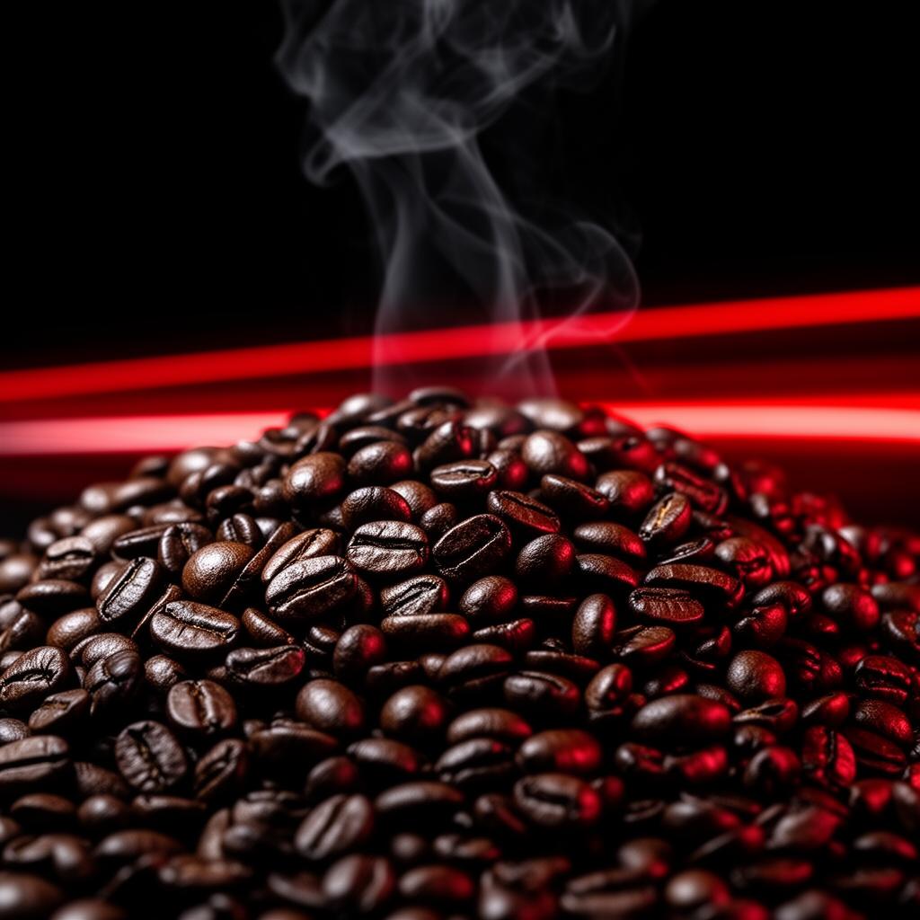 Coffee beans with steam and red light