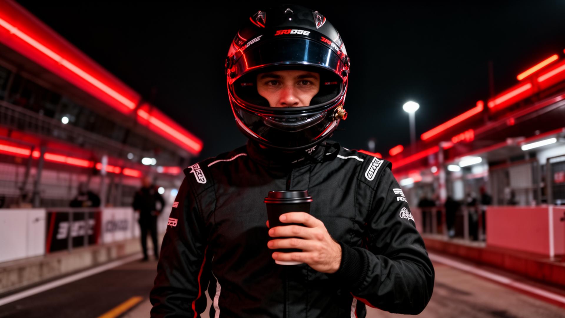 Race driver holding coffee